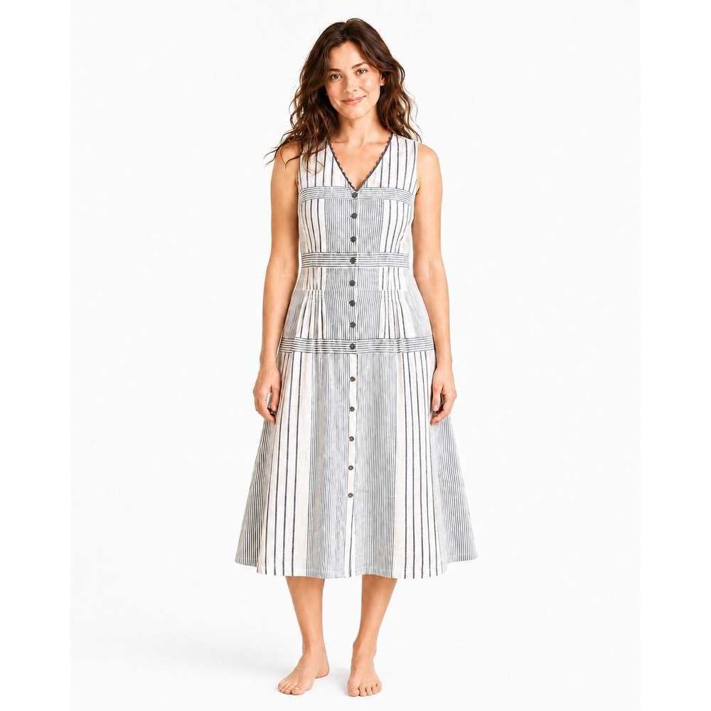 April Cornell Womens XL Striped Cotton Long Dress Blue White Button Front Pocket
